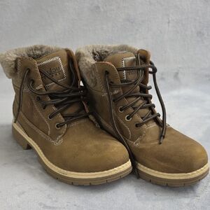 Anjou Femme Lace Up Ankle Boots Womens Brown Faux Leather Faux Fur Lined Hiking